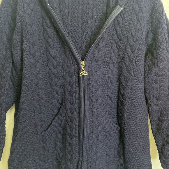 Aran Crafts 100% Merino Wool HOODED COAT WITH CELTIC KNOT ZIPPER blue size XXL - Picture 2 of 7